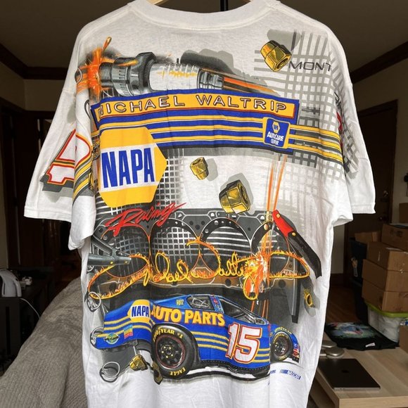 VINTAGE 90S NASCAR NAPA AUTO PARTS ALL OVER PRINT MICHAEL WALTRIP T SHIRT SIZE M